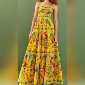 Farm Rio Yellow tiered Maxi Sundress, adjustable Spaghetti straps, smock/back, S
